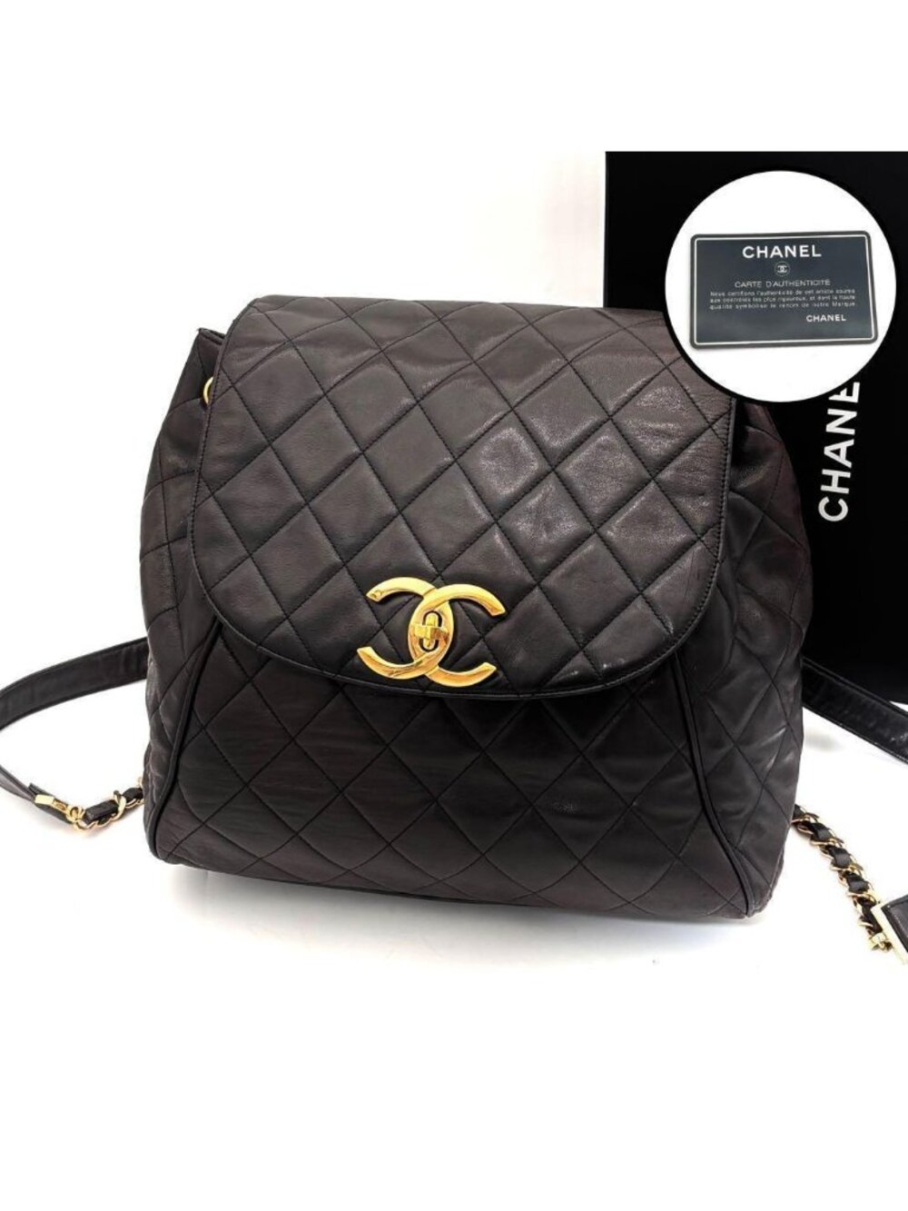 Chanel Quilted Backpack Black Lambskin Brown